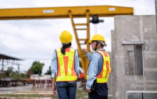 Two construction workers wearing hats on a construction site.