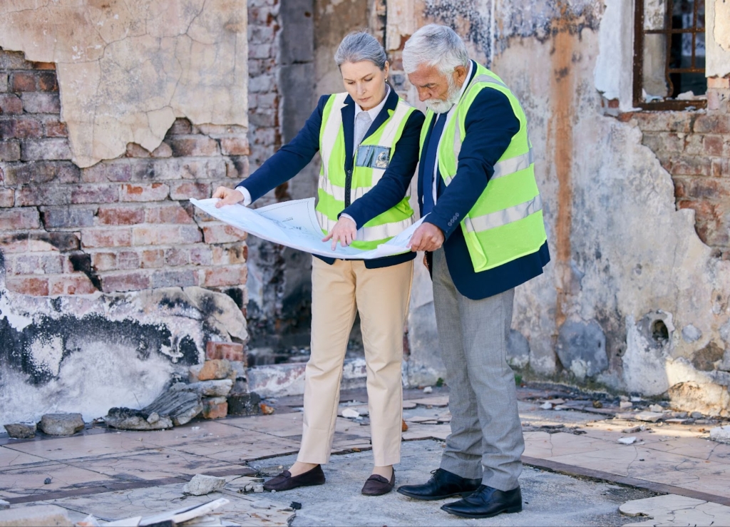 Two engineers examining blueprints while standing amid the ruins of a partially demolished building.