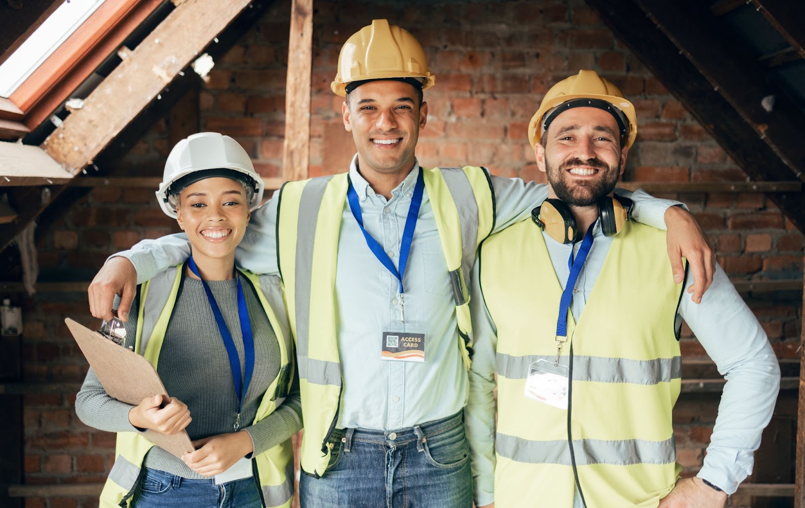 Three engineers pose in a home development area.