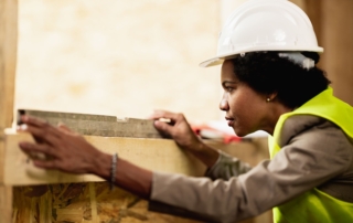 A woman architect is checking the quality of the materials