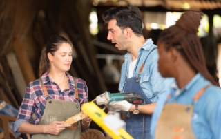 Three carpenters are discussing their plan.