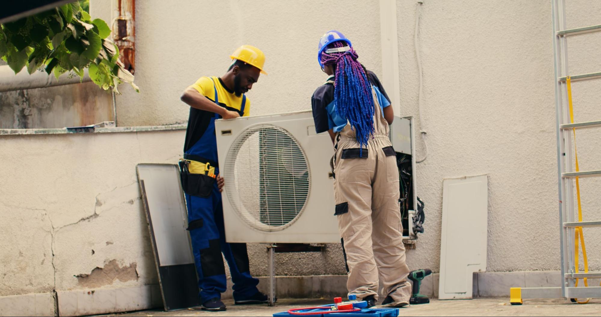 Two construction workers working on an HVAC system. 