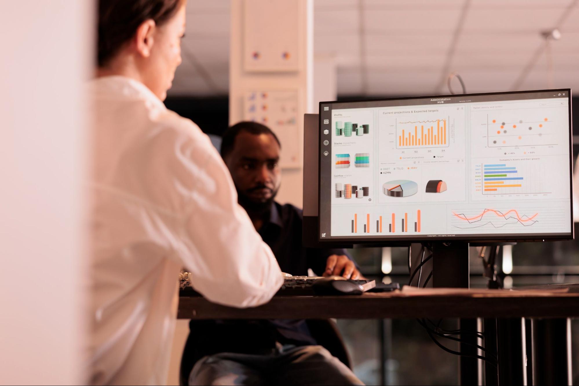 An employee analyzing a company's financial report dashboard on a computer screen.